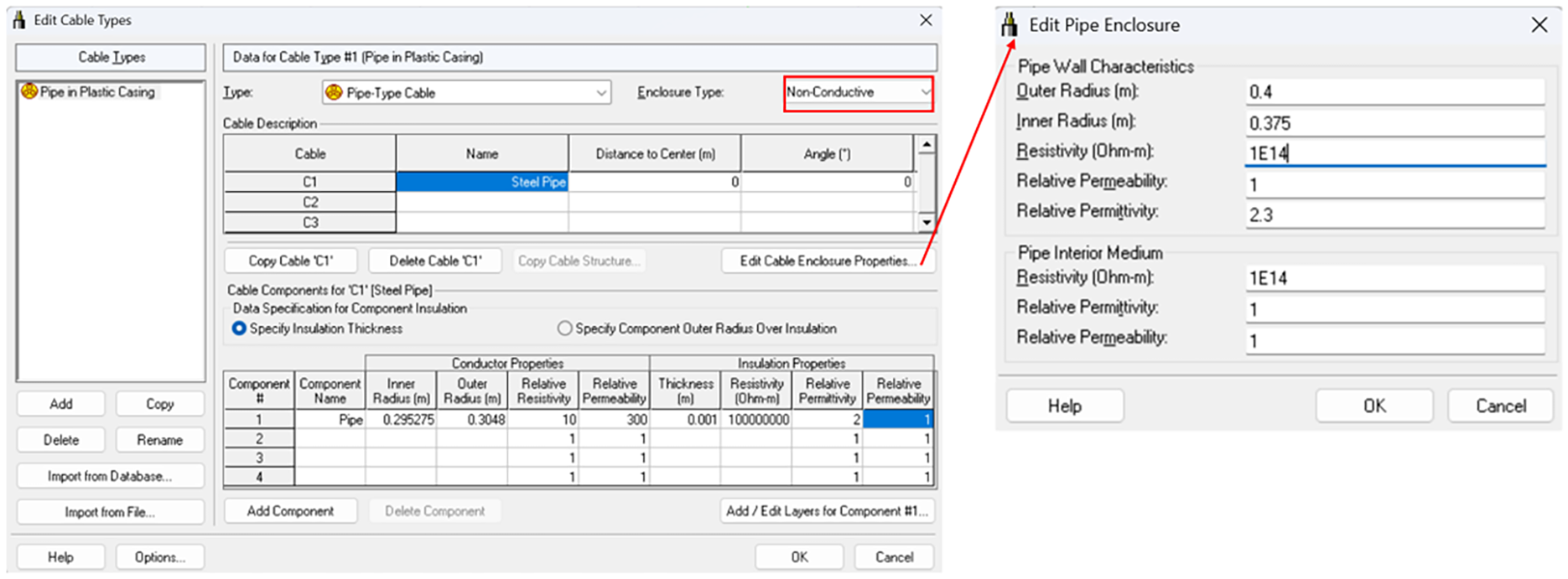 SESCAD Edit Cable Types and Edit Pipe Enclosure dialogs